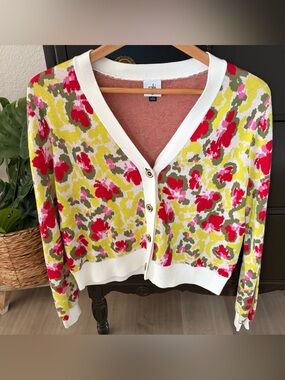 Cabi #6450 Floral V-Neck Cardigan Sweater - Multi Yellow Olive Red Medium